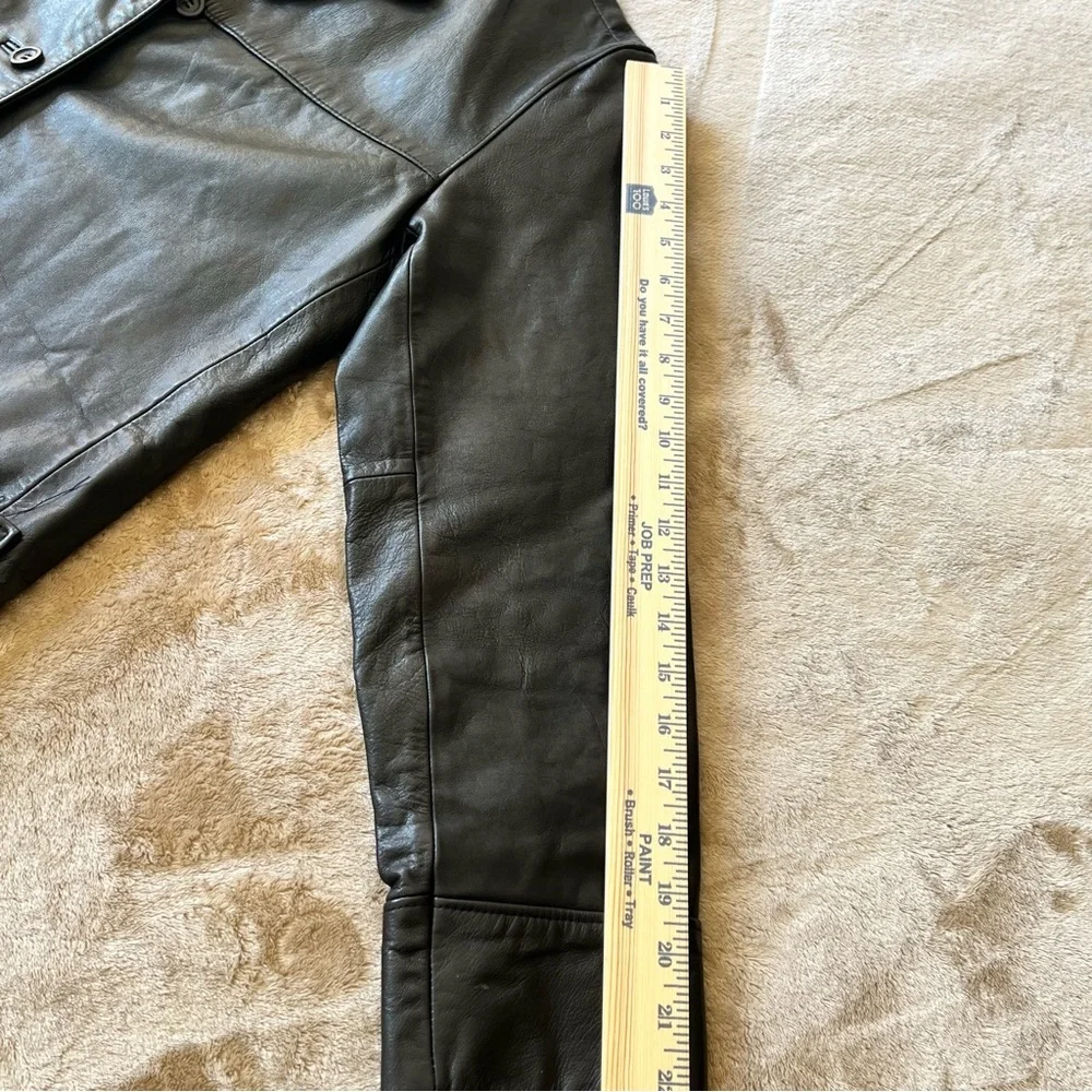 J. Crew Black Leather Car Coat Men's M Button-Up Collar Pockets Lightly Lined